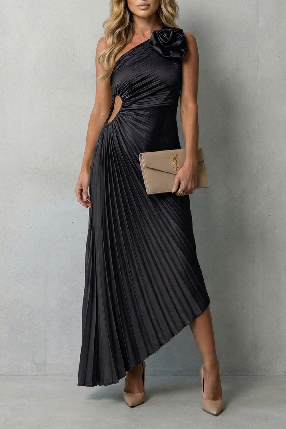 Statement Elegance Women’s One-Shoulder Pleated Maxi Dress