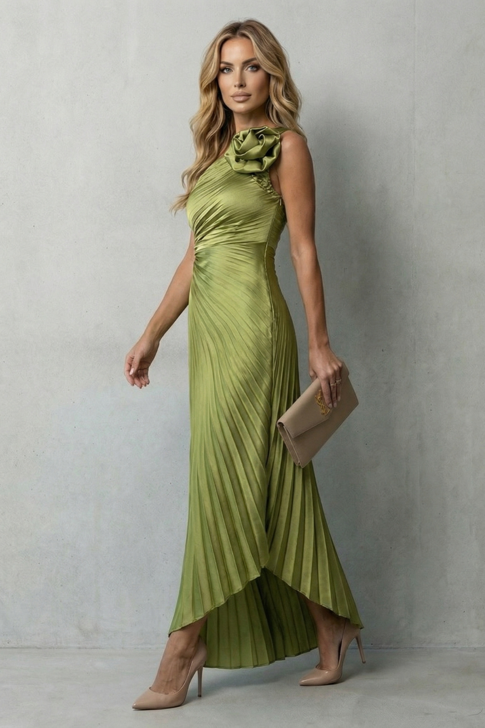 Statement Elegance Women’s One-Shoulder Pleated Maxi Dress