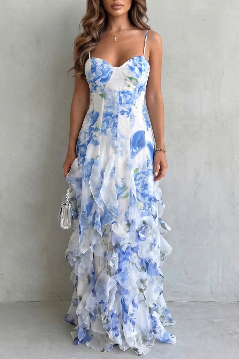 Watercolour Bloom Flow Ruffled Chiffon Maxi Dress
