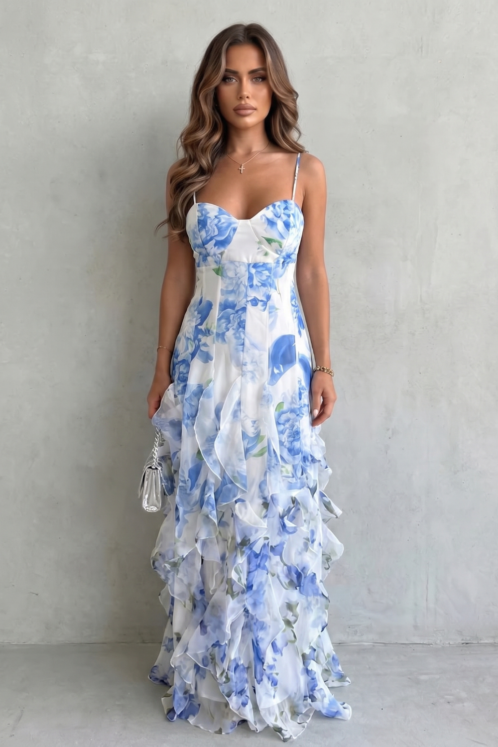 Watercolour Bloom Flow Ruffled Chiffon Maxi Dress