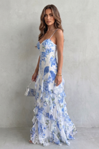 Watercolour Bloom Flow Ruffled Chiffon Maxi Dress