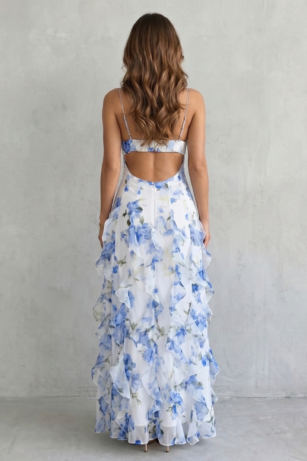 Watercolour Bloom Flow Ruffled Chiffon Maxi Dress