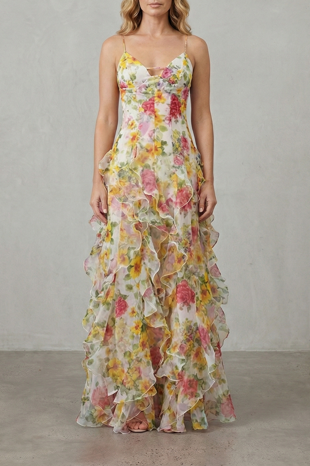 Watercolour Bloom Flow Ruffled Chiffon Maxi Dress