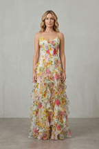 Watercolour Bloom Flow Ruffled Chiffon Maxi Dress