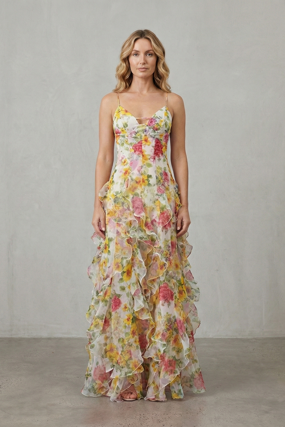 Watercolour Bloom Flow Ruffled Chiffon Maxi Dress