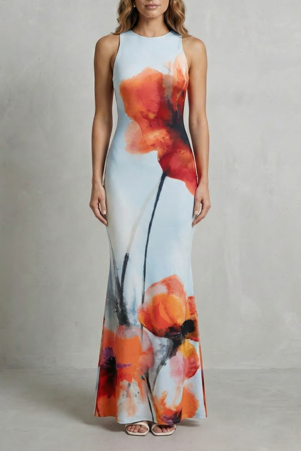 Artistic Floral Print Fishtail Maxi Dress