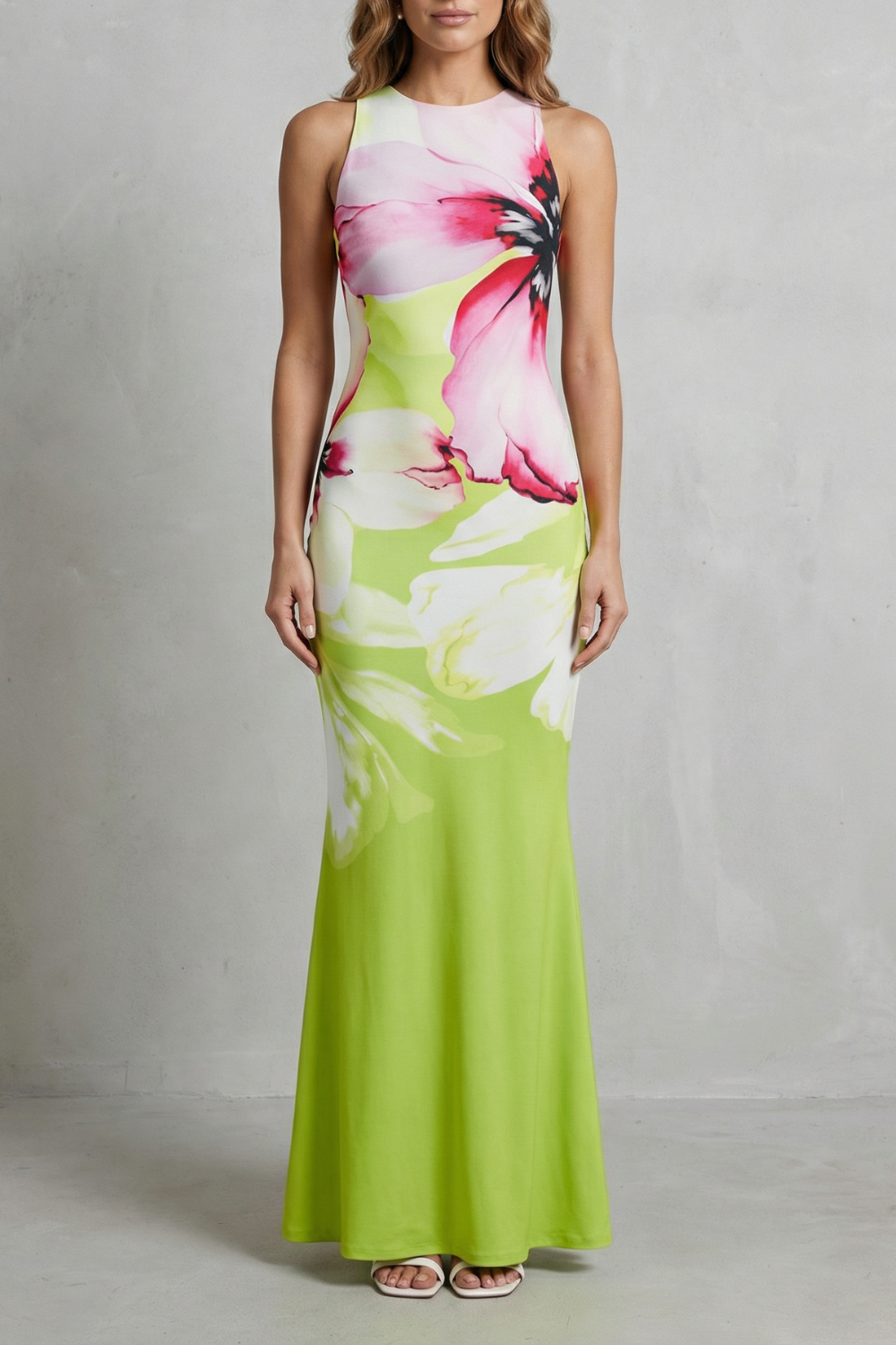 Artistic Floral Print Fishtail Maxi Dress