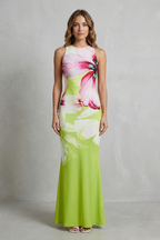 Artistic Floral Print Fishtail Maxi Dress