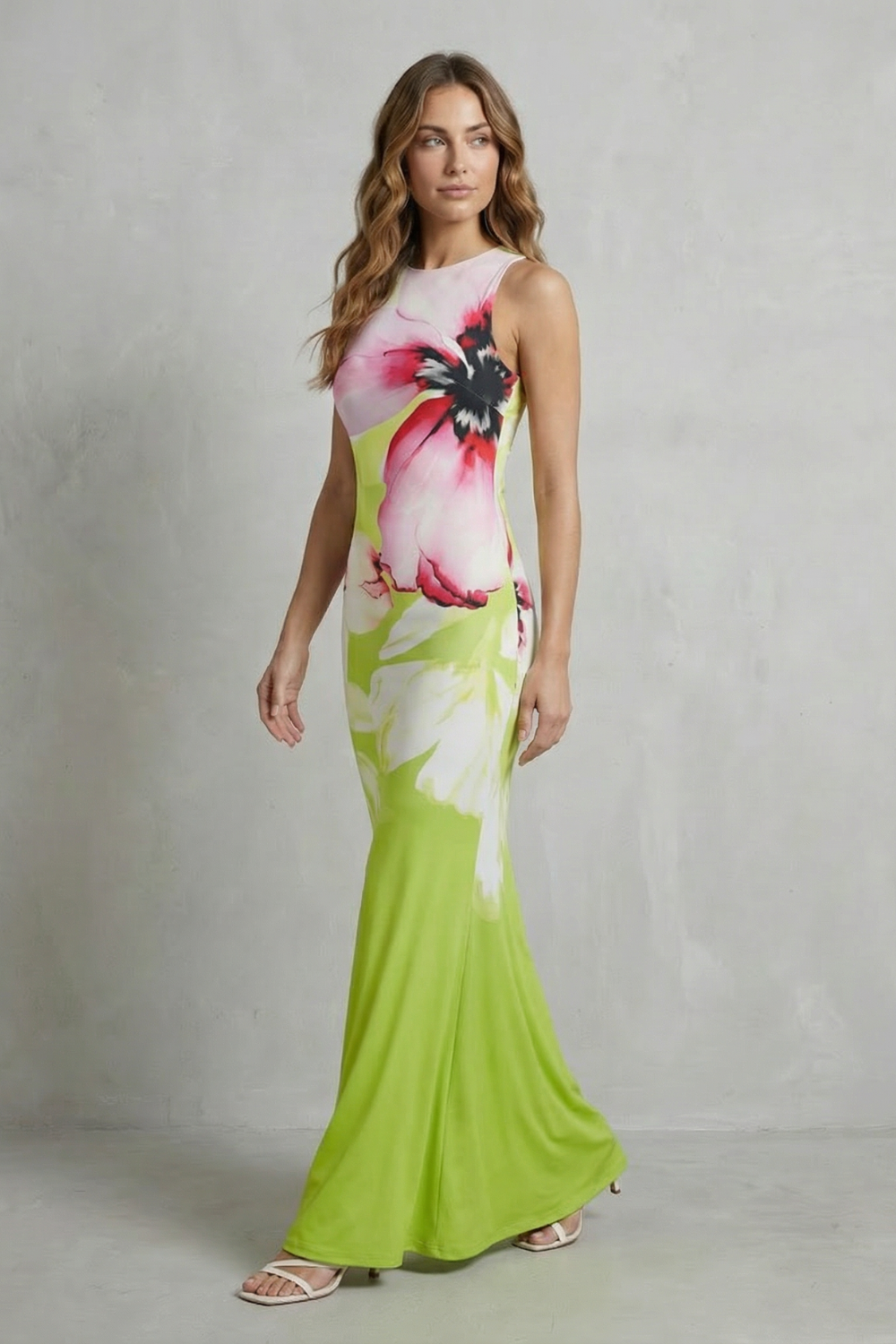Artistic Floral Print Fishtail Maxi Dress