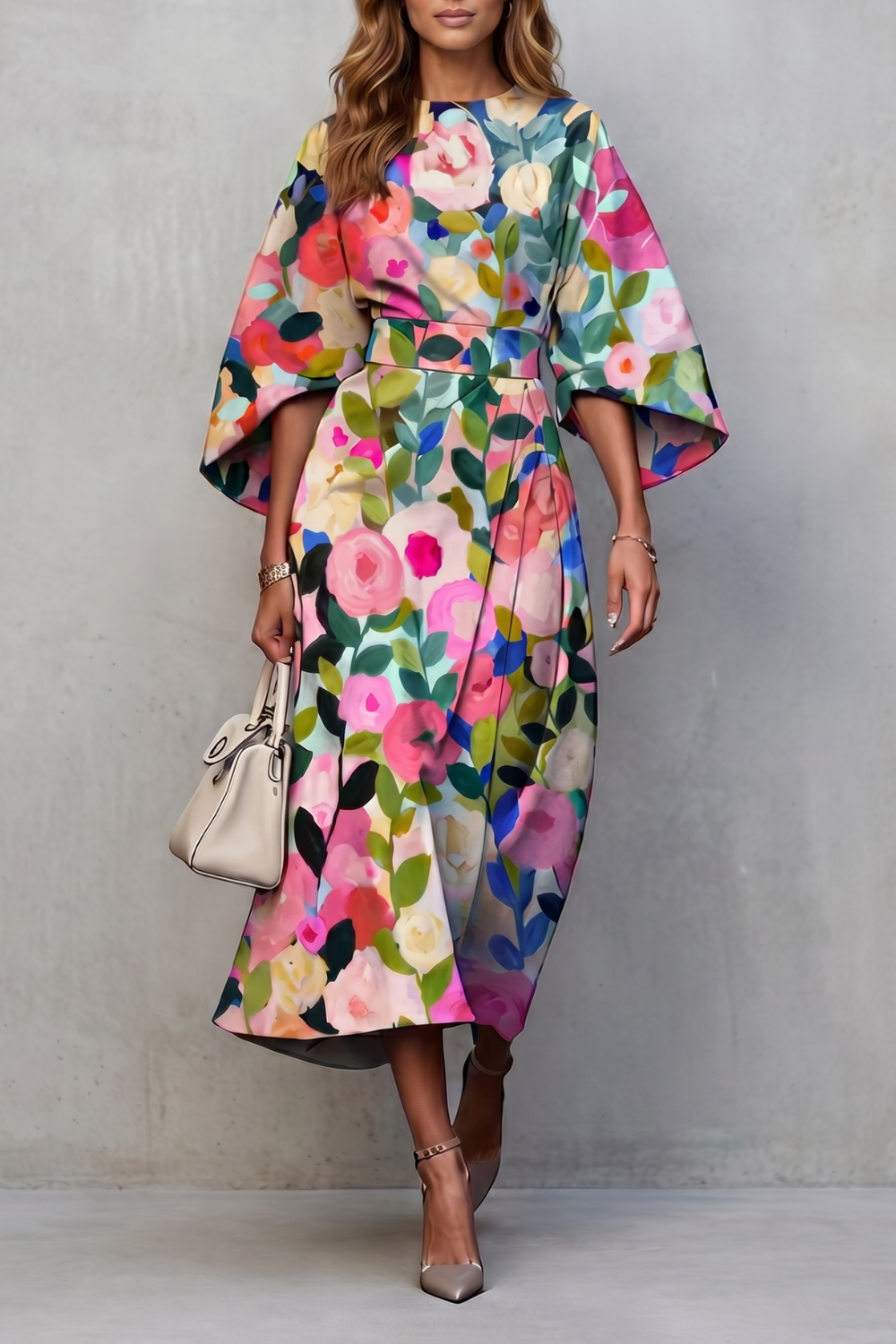 Vibrant Watercolour Blooms Midi Dress