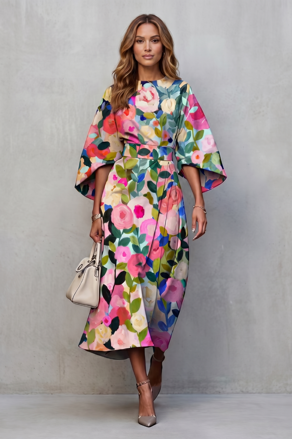Vibrant Watercolour Blooms Midi Dress