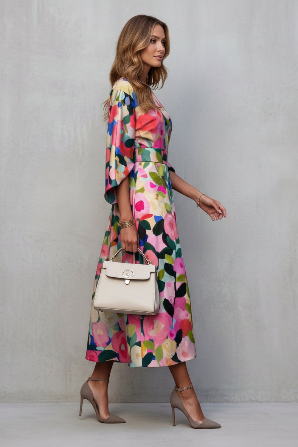 Vibrant Watercolour Blooms Midi Dress