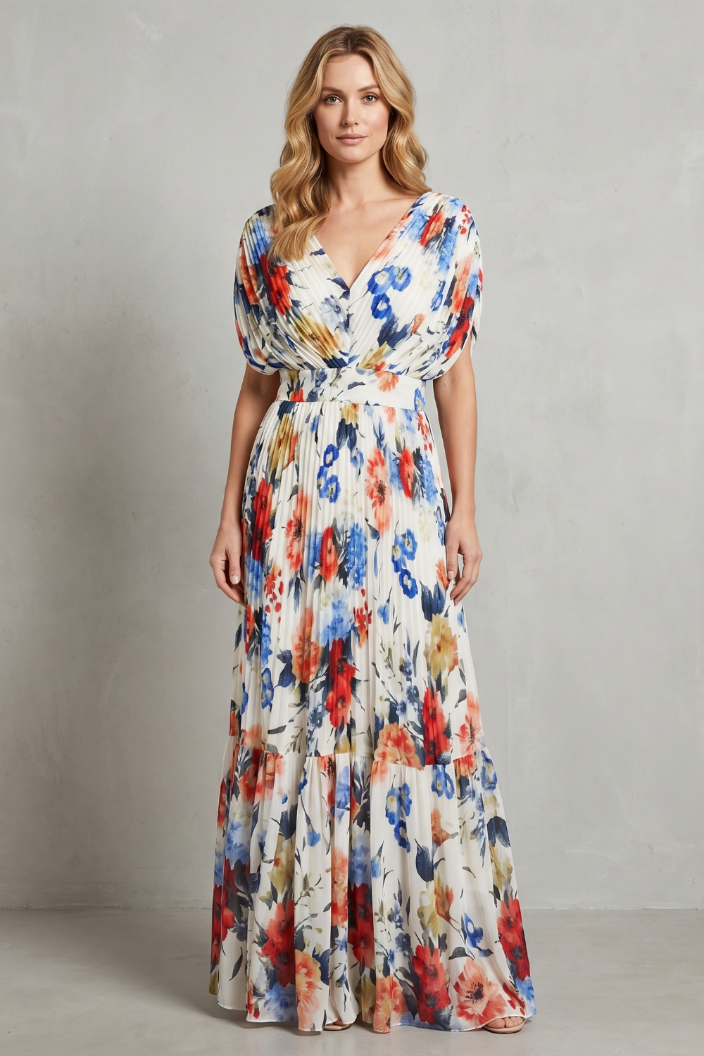 Pleated Floral Elegance Maxi Dress