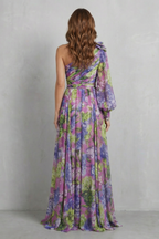 One-shoulder Floral Drape Maxi Dress