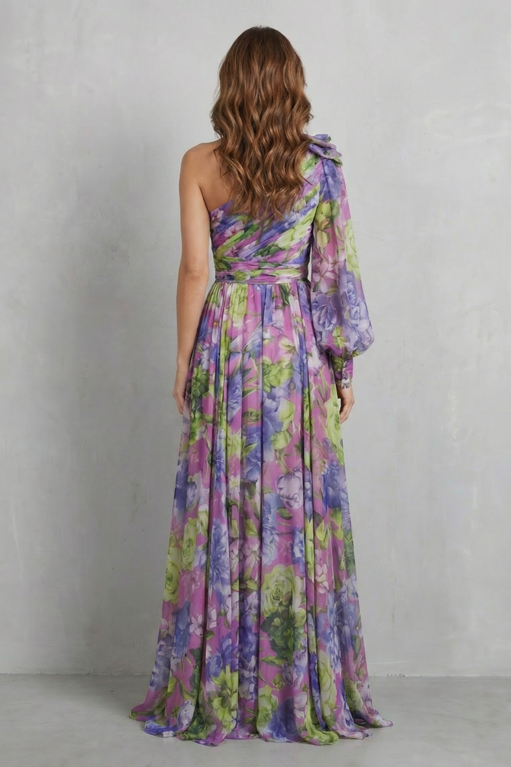 One-shoulder Floral Drape Maxi Dress