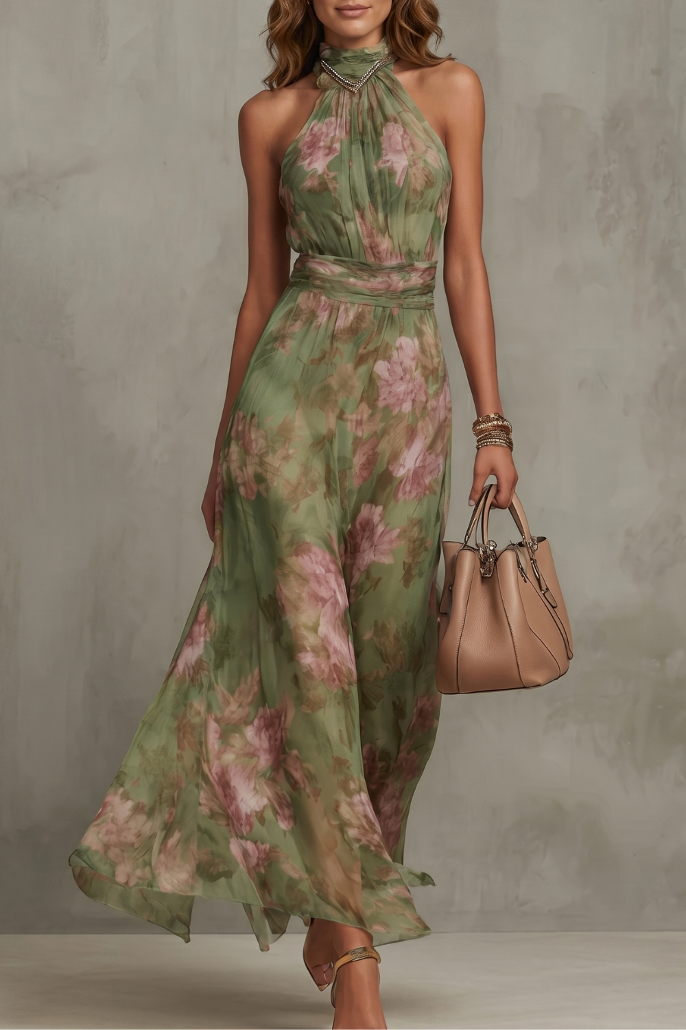 Romantic Floral Halter Silhouette Maxi Dress