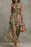 Romantic Floral Halter Silhouette Maxi Dress