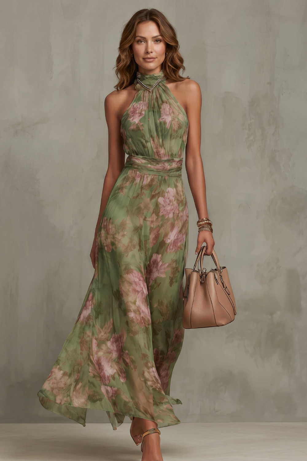 Romantic Floral Halter Silhouette Maxi Dress