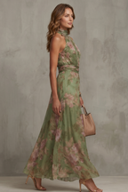 Romantic Floral Halter Silhouette Maxi Dress