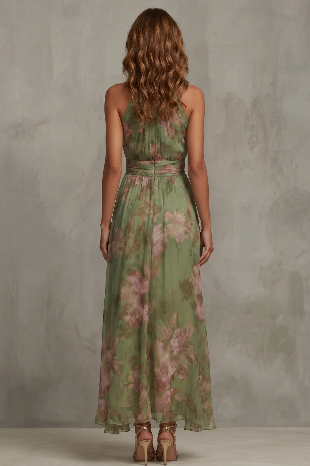 Romantic Floral Halter Silhouette Maxi Dress
