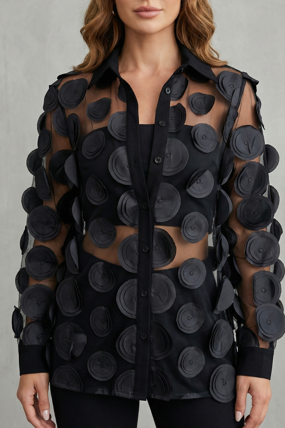 Sheer Floral Appliqué Design Mesh Blouse