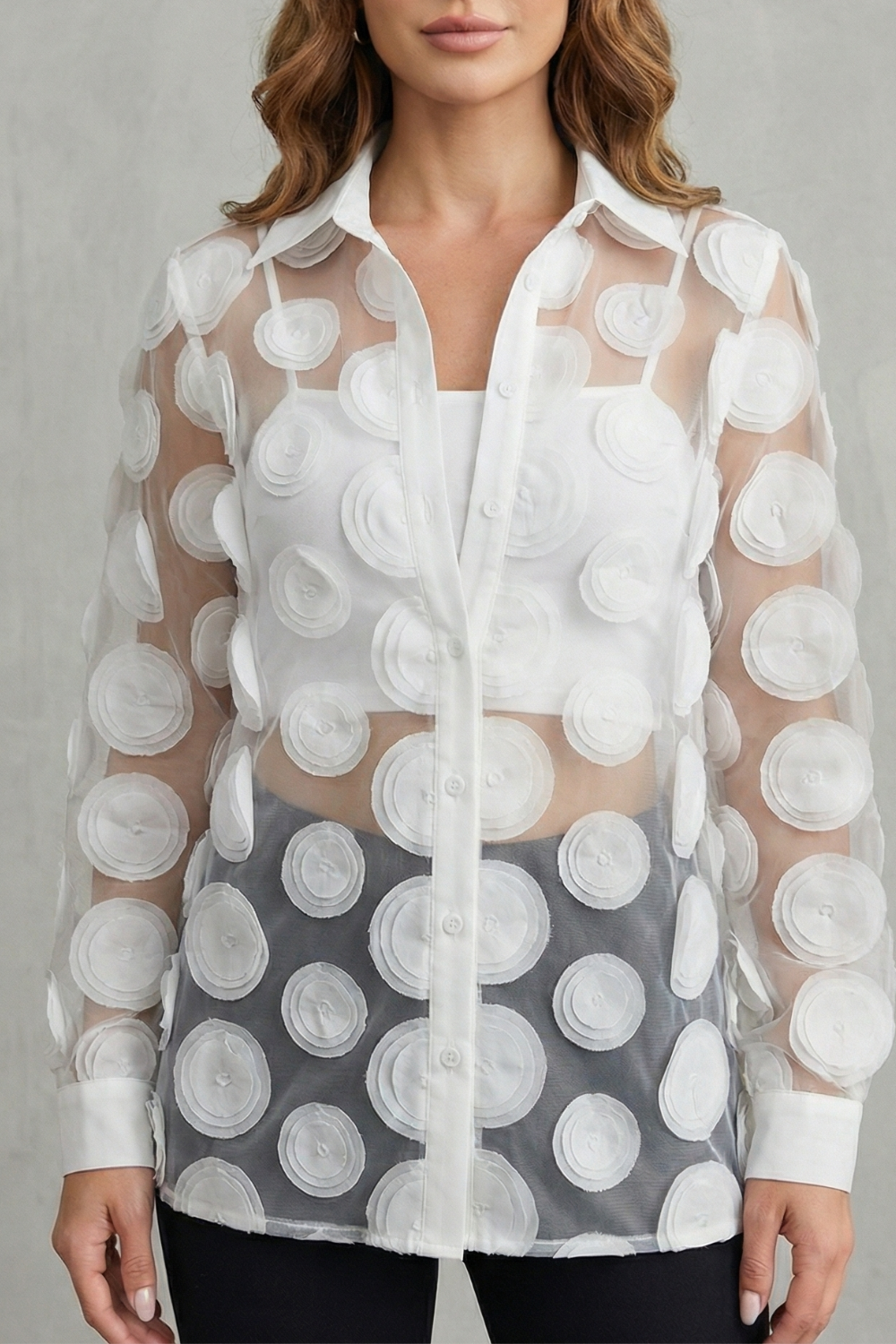 Sheer Floral Appliqué Design Mesh Blouse
