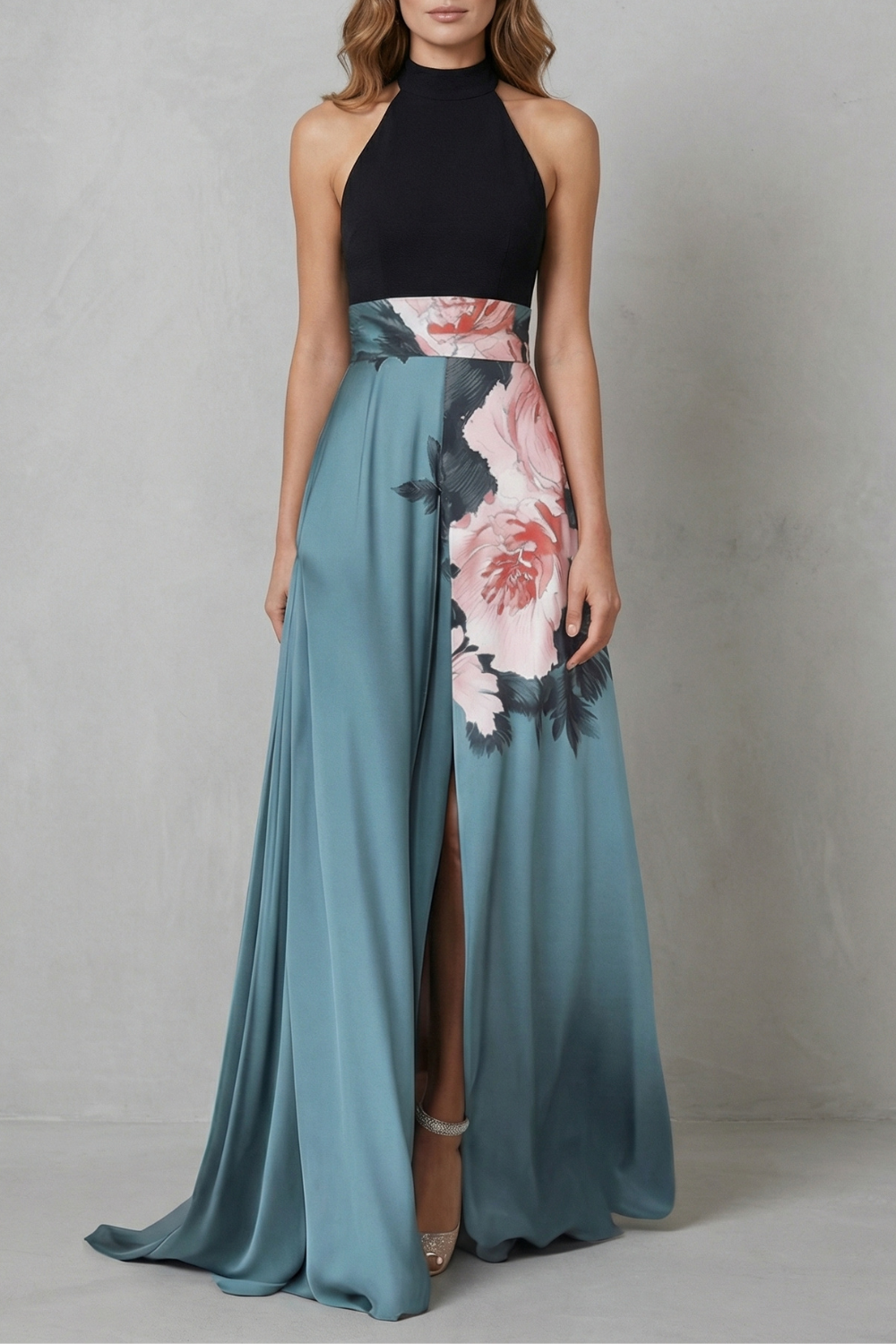Contrast Floral Elegance Maxi Dress