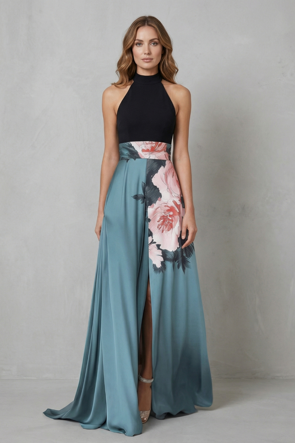 Contrast Floral Elegance Maxi Dress