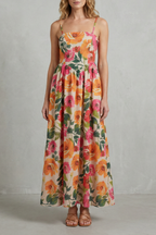 Square Neck Floral Charm Midi Dress