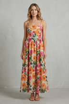 Square Neck Floral Charm Midi Dress