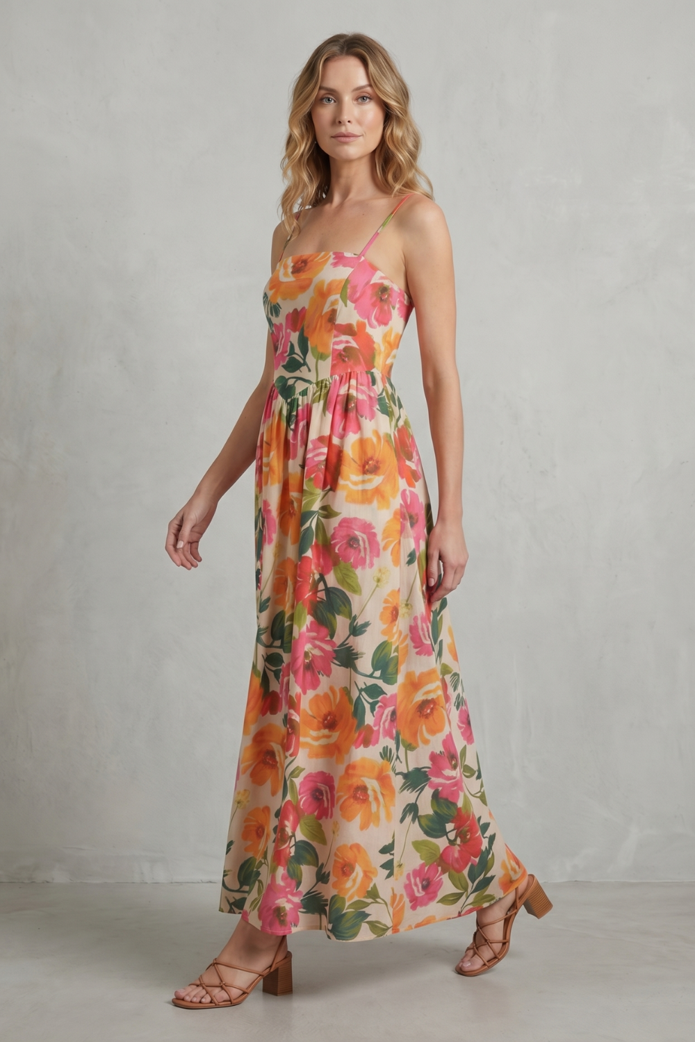 Square Neck Floral Charm Midi Dress