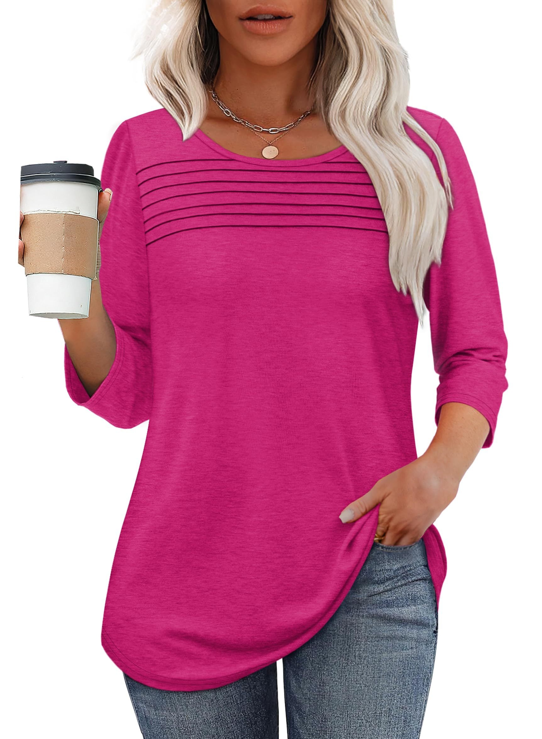 Women's 3/4 Sleeve Pleated Top Scoop Neck Casual Everyday Top