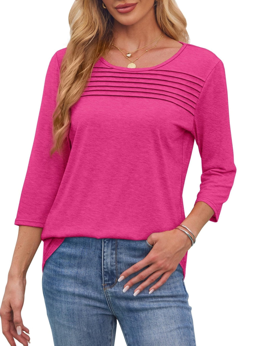 Women's 3/4 Sleeve Pleated Top Scoop Neck Casual Everyday Top