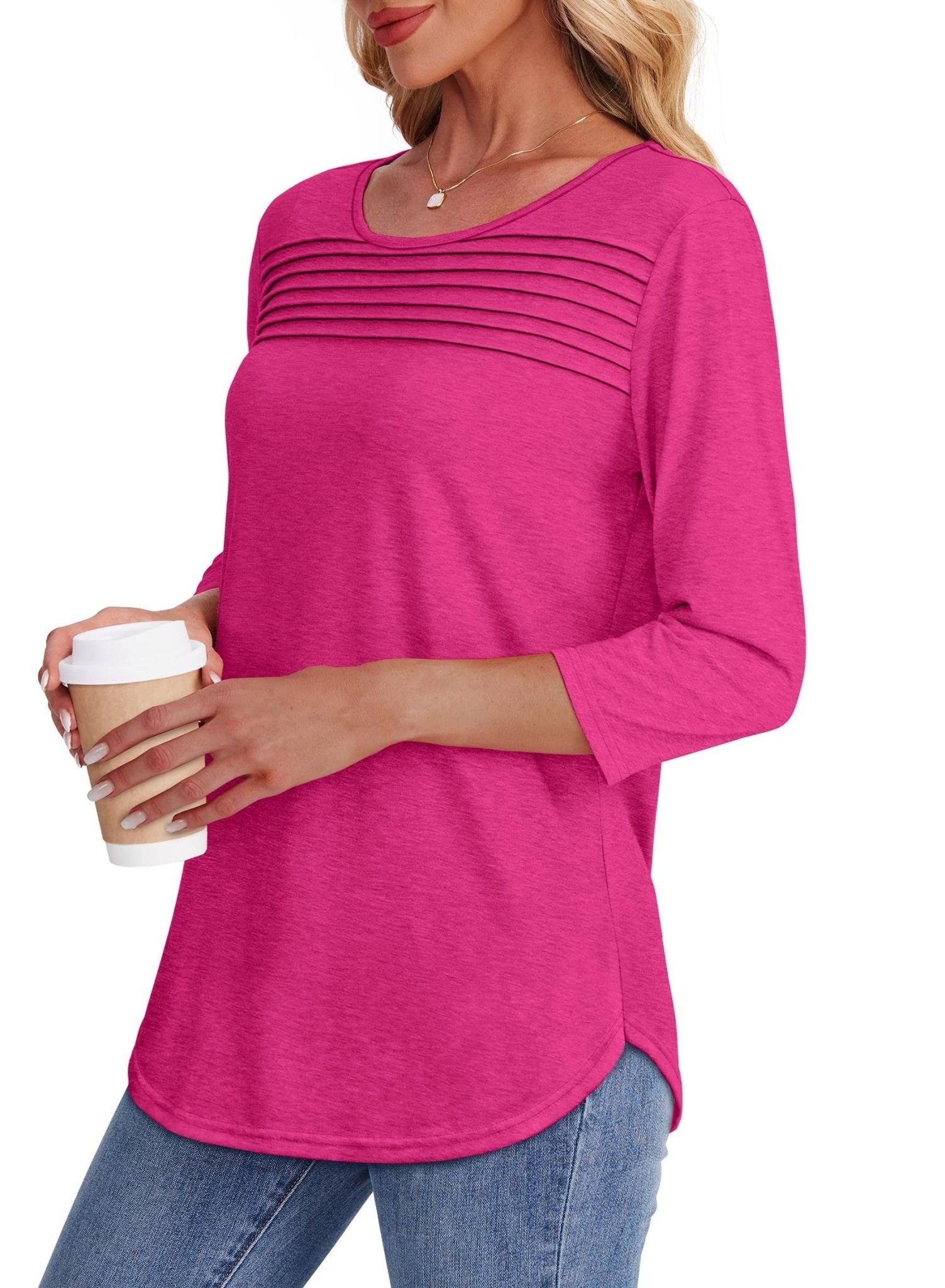 Women's 3/4 Sleeve Pleated Top Scoop Neck Casual Everyday Top