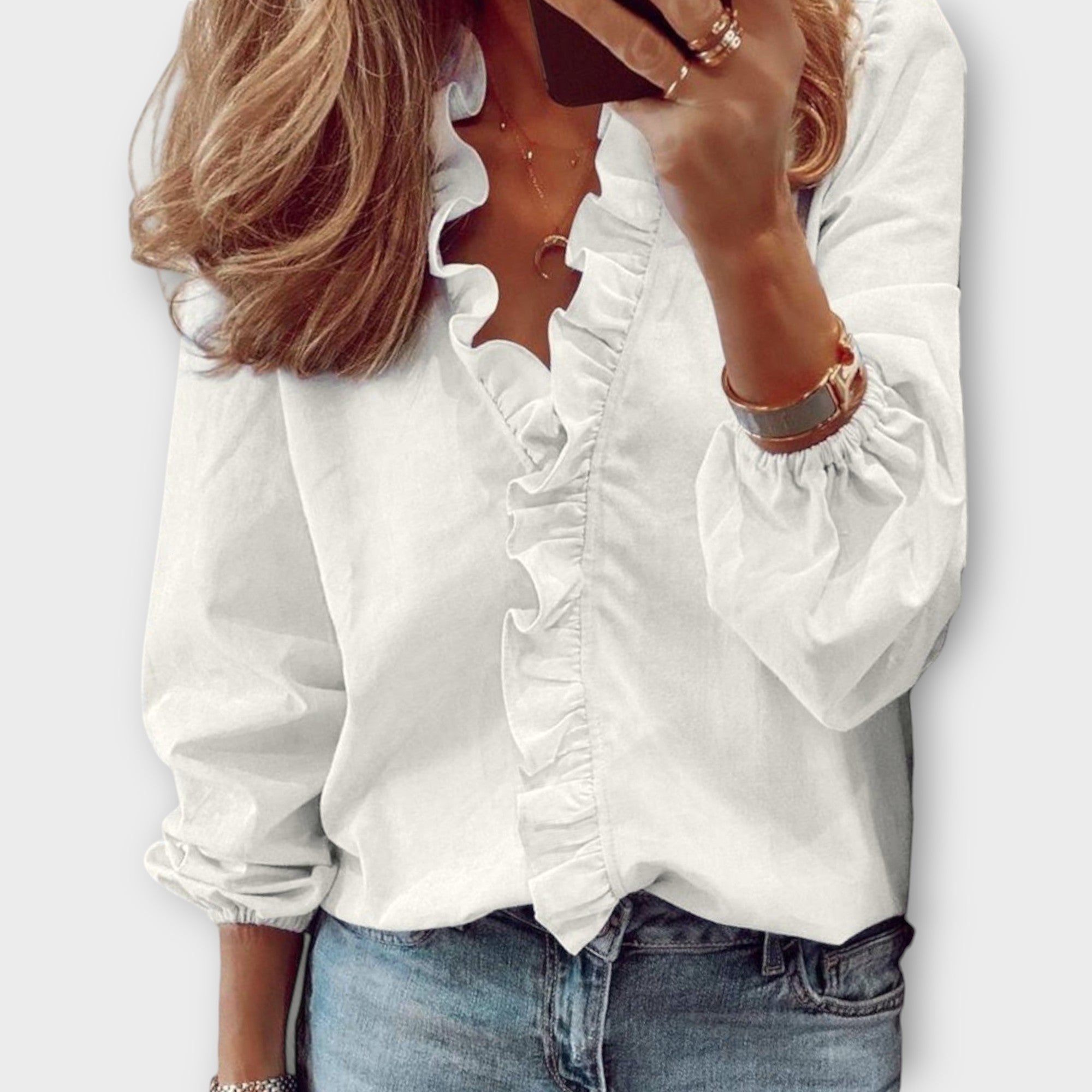 Women's Ruffle V-Neck Long Sleeve Blouse - White