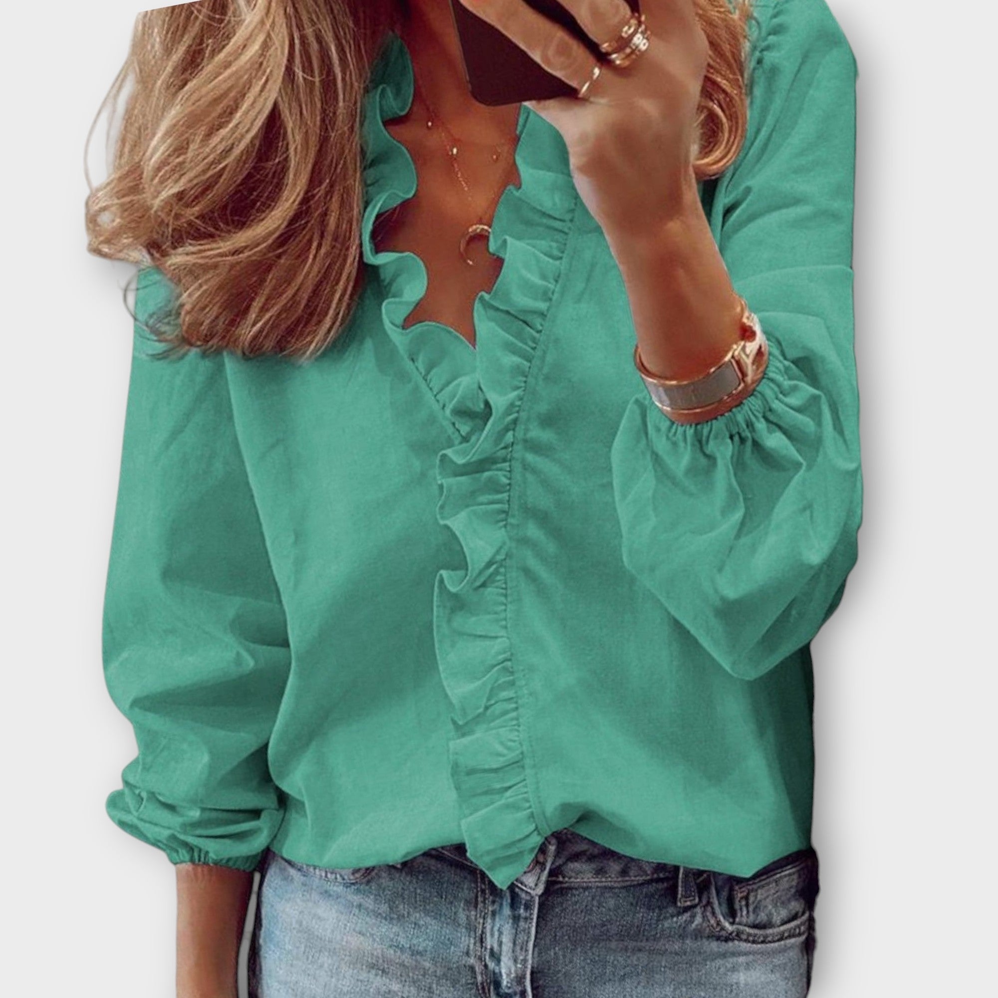 Women's Ruffle V-Neck Long Sleeve Blouse
