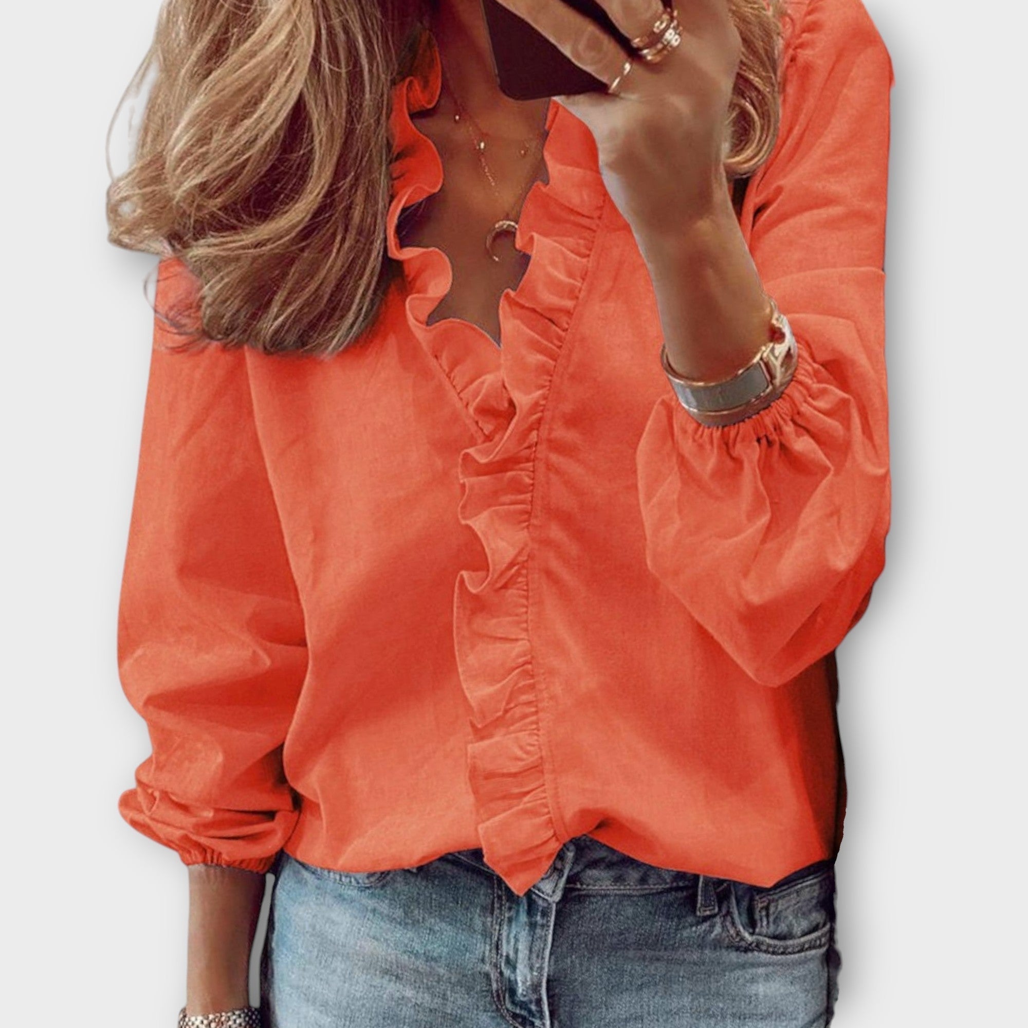 Women's Ruffle V-Neck Long Sleeve Blouse