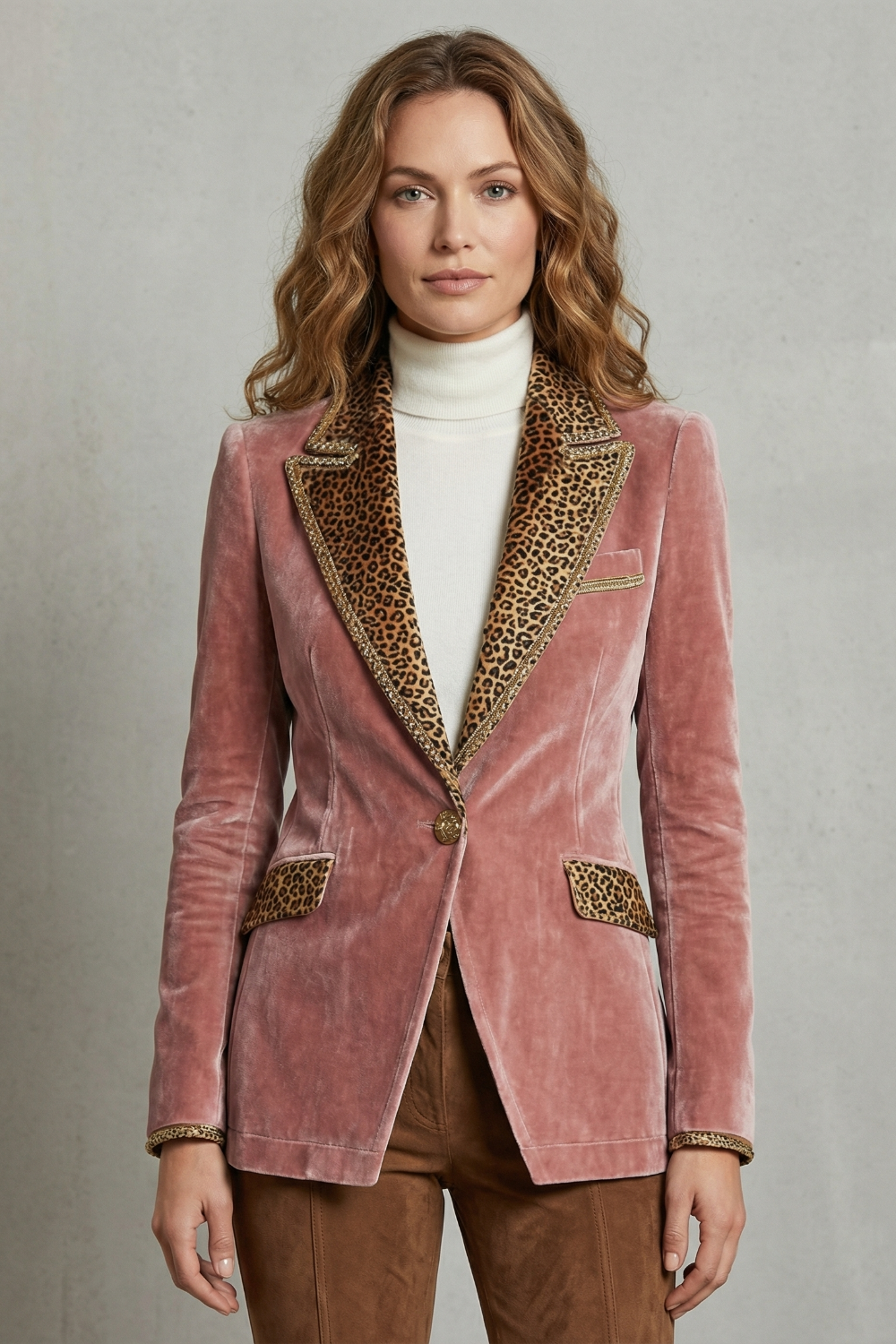 Leopard Contrast Elegant Cut Velvet Blazer