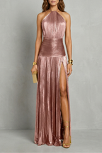 Metallic Draped Elegance Maxi Dress