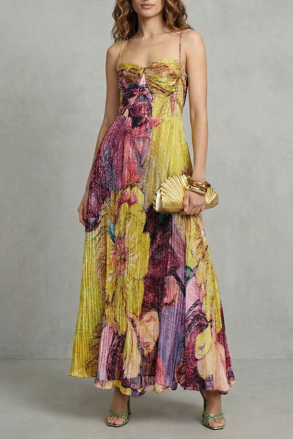 Watercolor Floral Pleats Flowing Maxi Dress