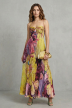 Watercolor Floral Pleats Flowing Maxi Dress