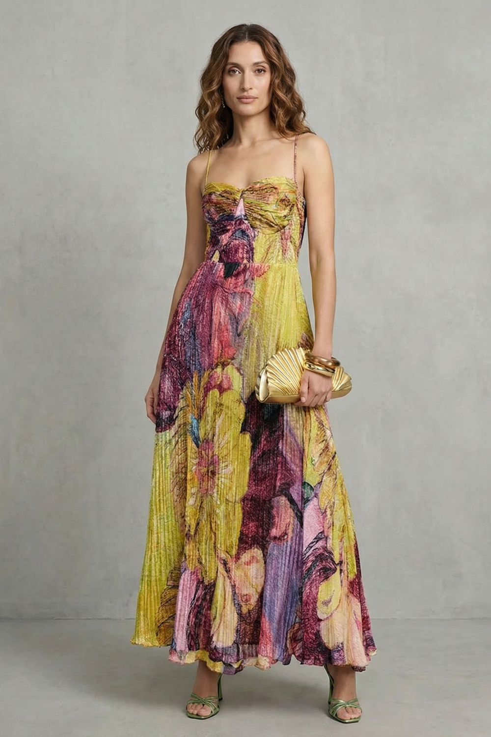 Watercolor Floral Pleats Flowing Maxi Dress