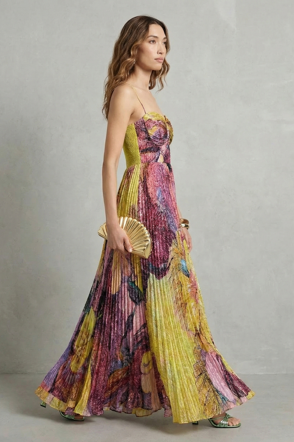 Watercolor Floral Pleats Flowing Maxi Dress