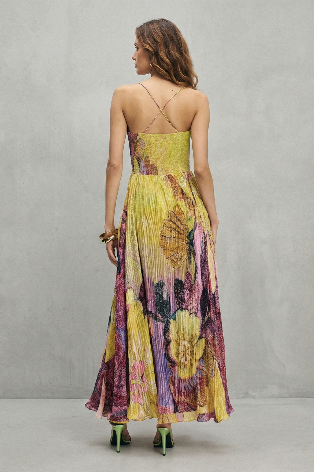 Watercolor Floral Pleats Flowing Maxi Dress