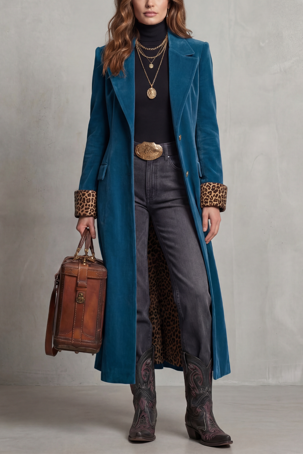 Leopard-lined velvet elegance | Long coat