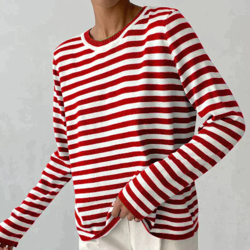 Women's Striped Knit Sweater Long Sleeve Crew Neck Pullover