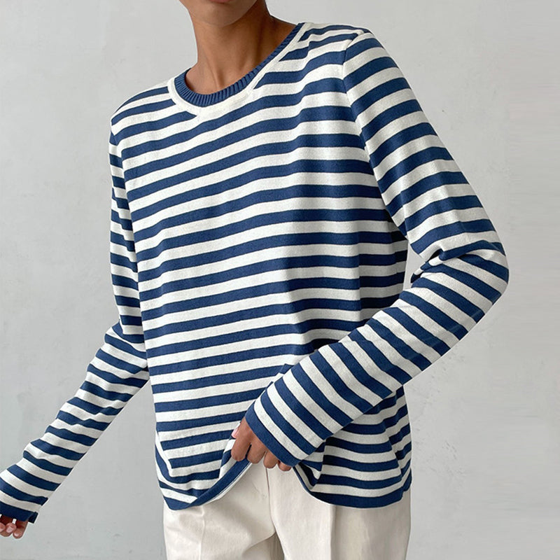 Women's Striped Knit Sweater Long Sleeve Crew Neck Pullover - Blue
