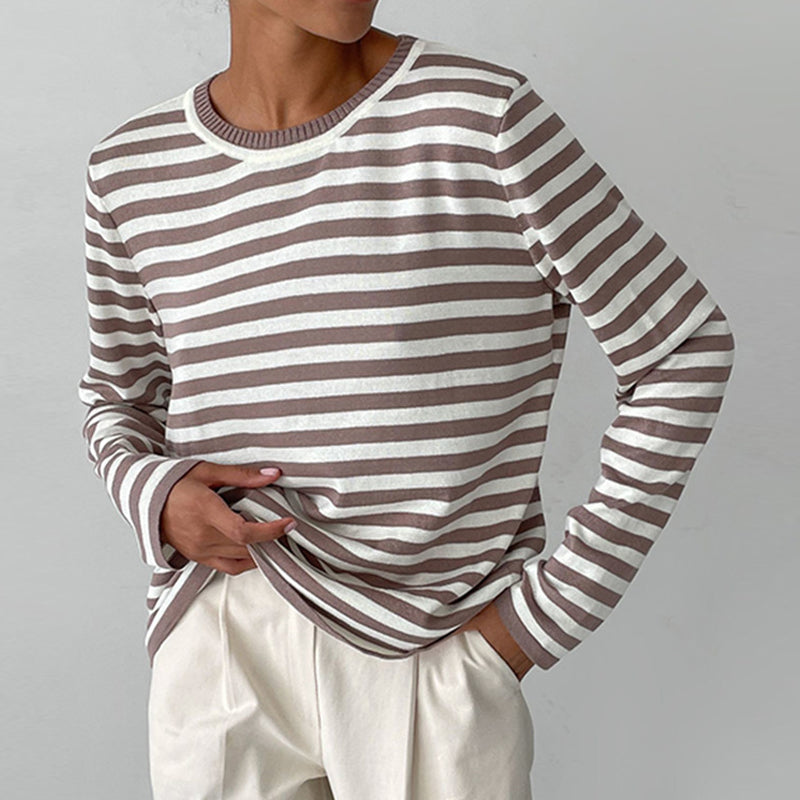 Women's Striped Knit Sweater Long Sleeve Crew Neck Pullover