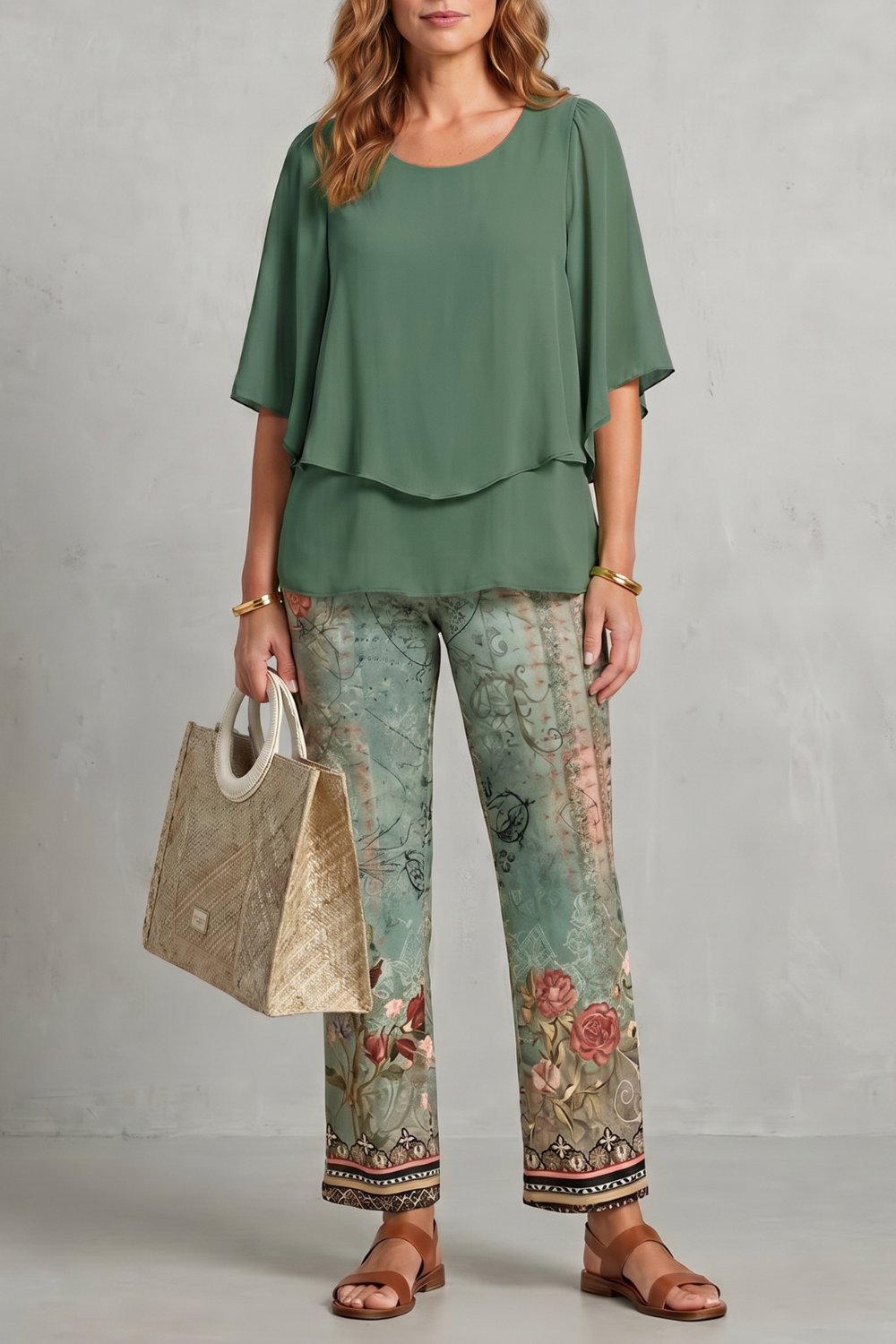Botanical Print Elegance Two-piece Trouser Set