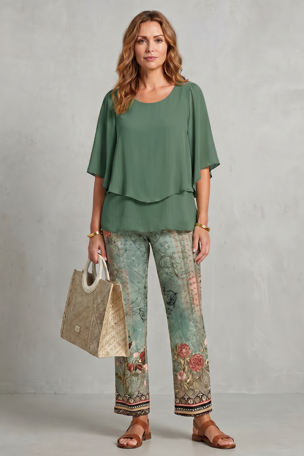 Botanical Print Elegance Two-piece Trouser Set